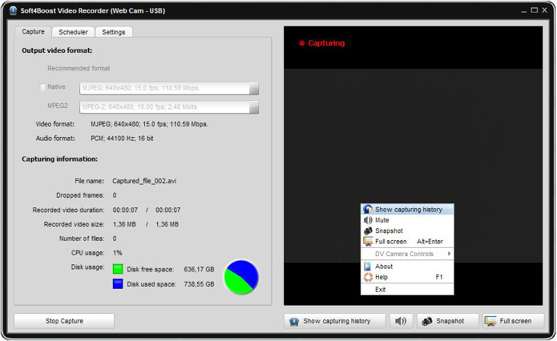 Record video from DV and WEB cameras and capture devices. easy Screen Shot